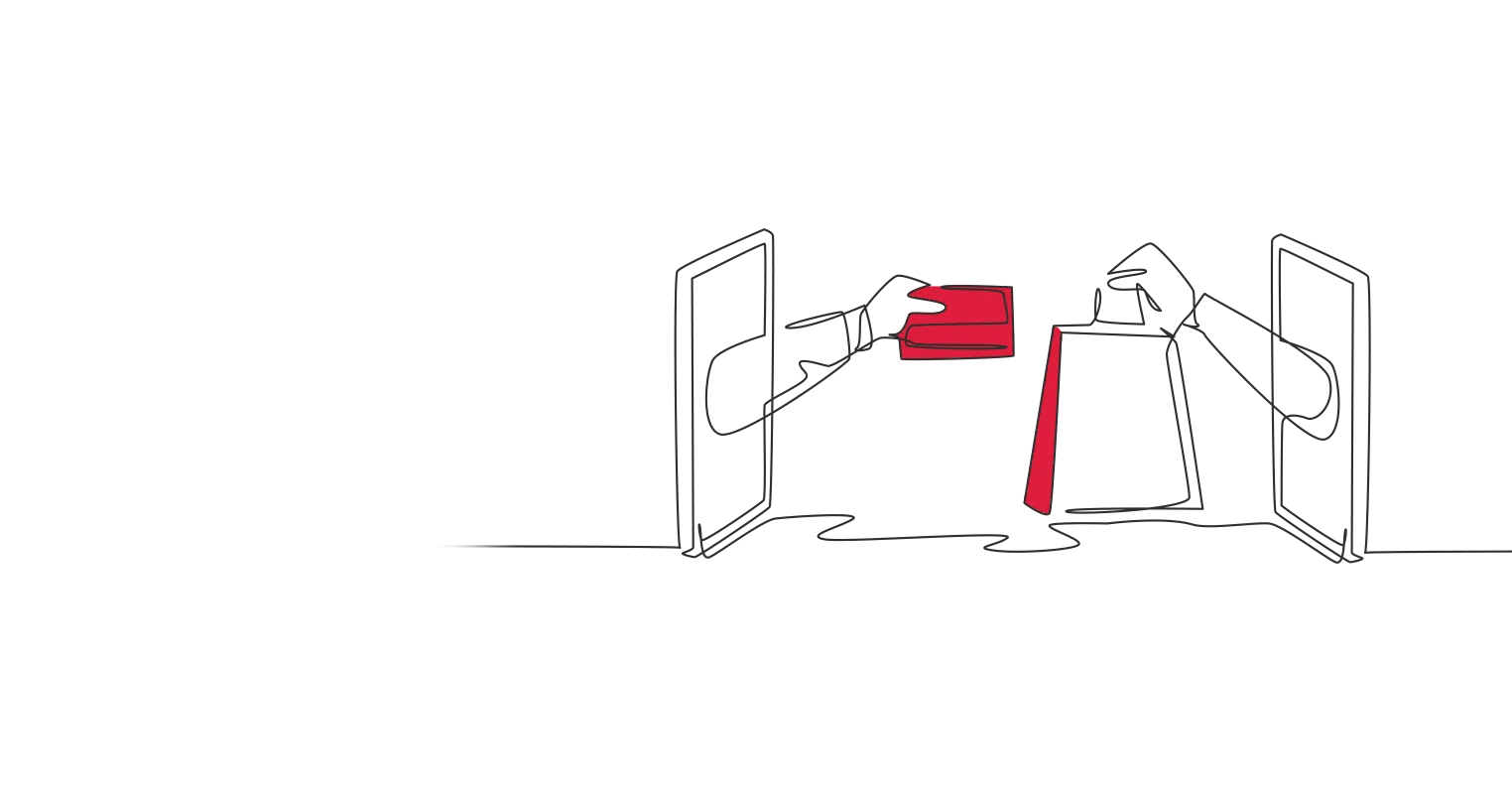 An illustration of two facing screens with a hand coming out of each, one is holding a bag, the other a bank card