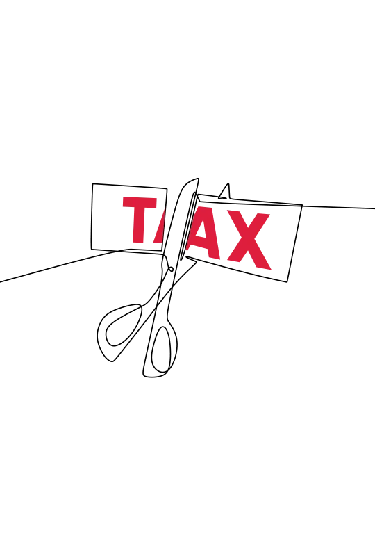 An illustration of a pair of scissors cutting into a piece of paper with 'TAX' written on it