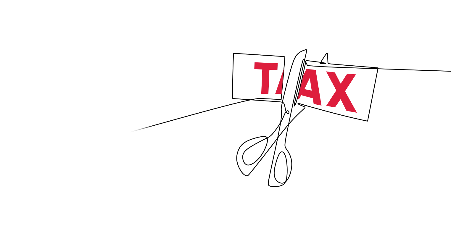 An illustration of a pair of scissors cutting into a piece of paper with 'TAX' written on it