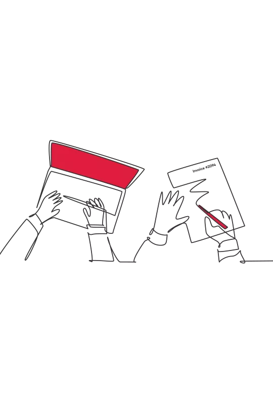 An illustration of someone using a laptop while someone next to them signs an invoice