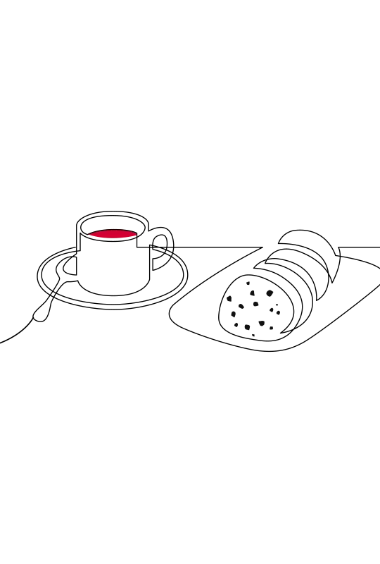 An illustration of a cup and saucer next to a plate of cookies