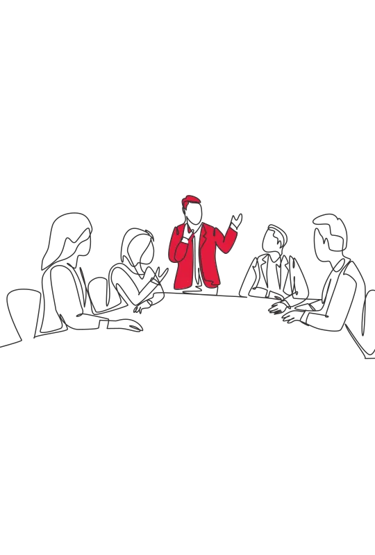 An illustration of a man standing up in a red jacket talking to four people seated around a table