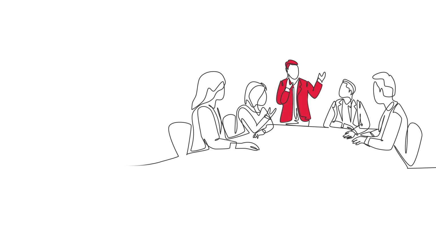 An illustration of a man standing up in a red jacket talking to four people seated around a table