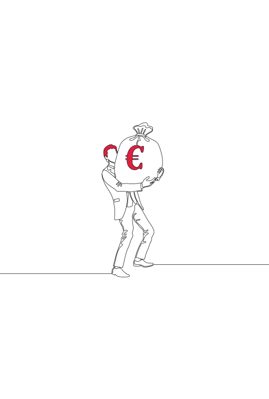 An illustration of a man holding a huge bag with a Euro currency sign on it