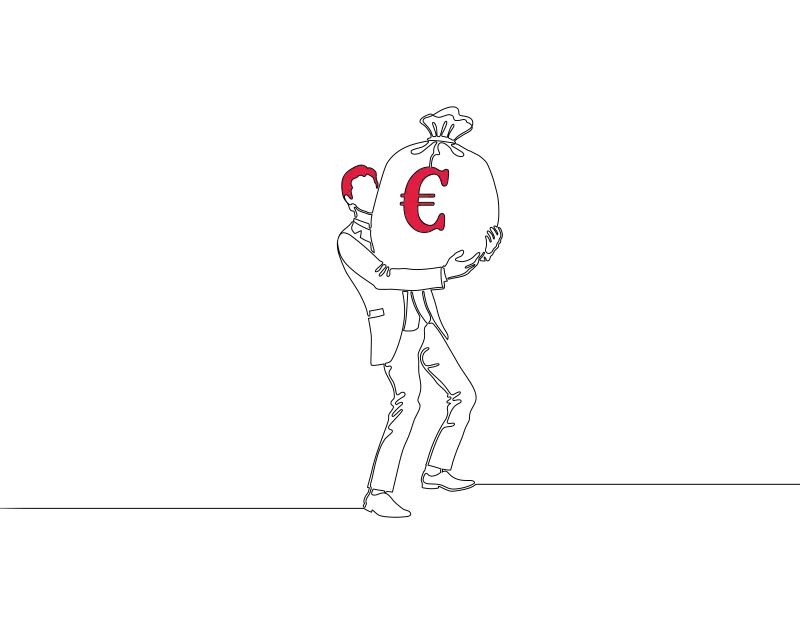A man carrying a large bag with the Euro currency sign on it in red