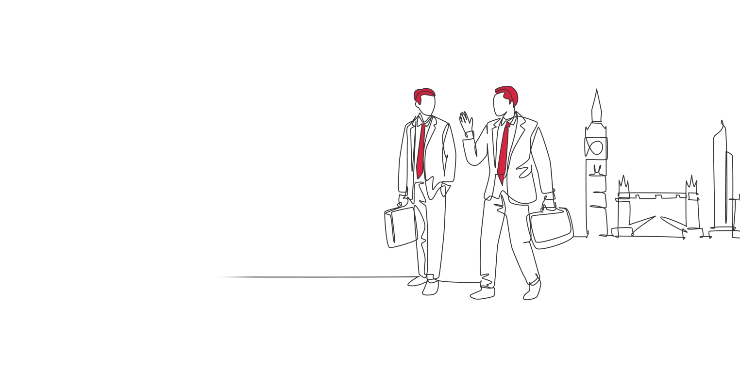 an illustration showing two men in suits with suitcases in front of London landmarks