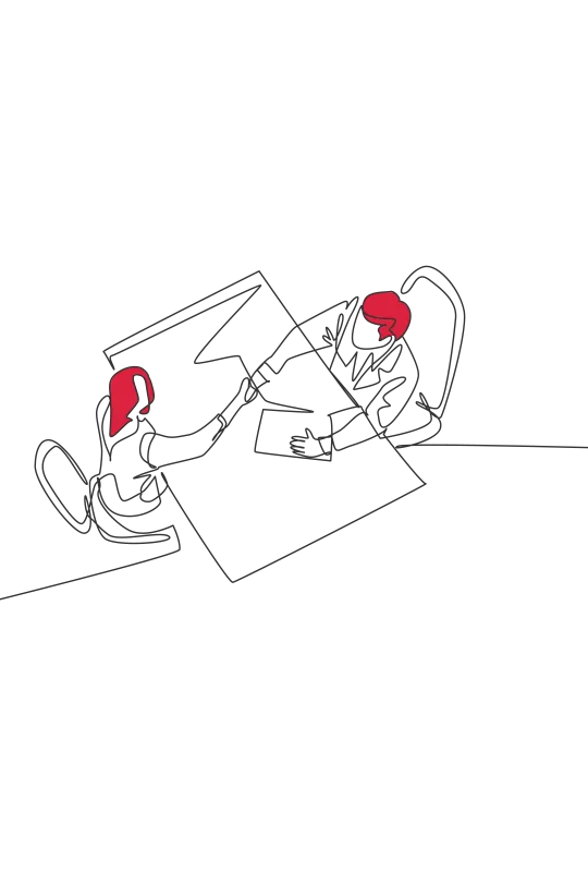 An illustration of two people seated, shaking hands over a table