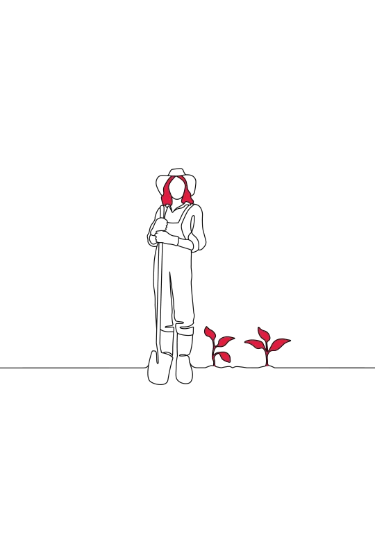 An illustration of a farmer holding a farming tool, next to some red seedlings