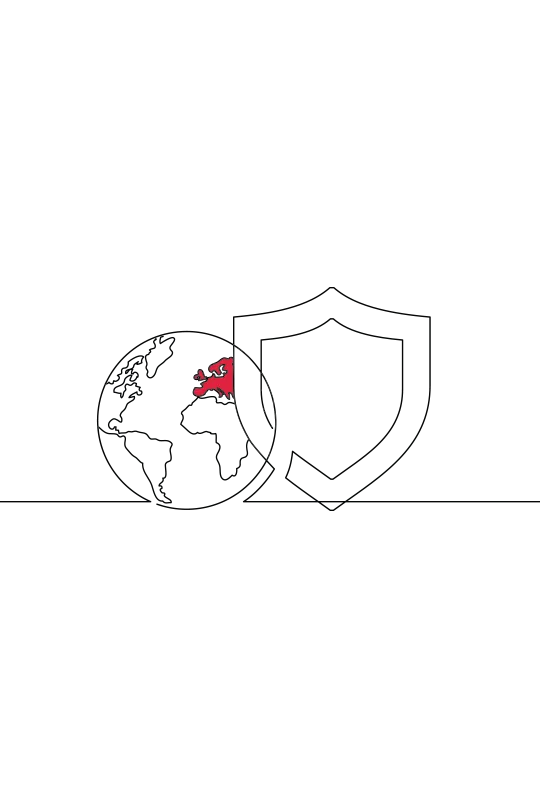 An illustration of the globe next a giant shield