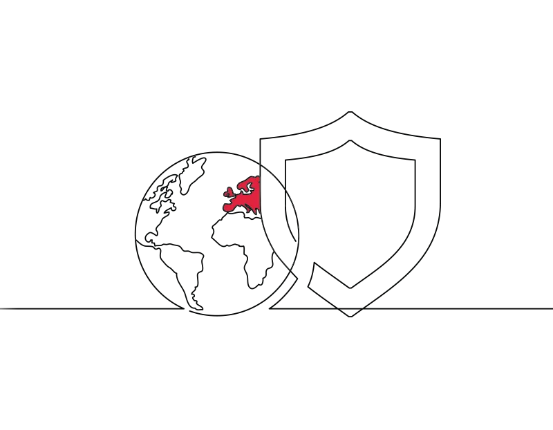 An illustration of the globe next a giant shield