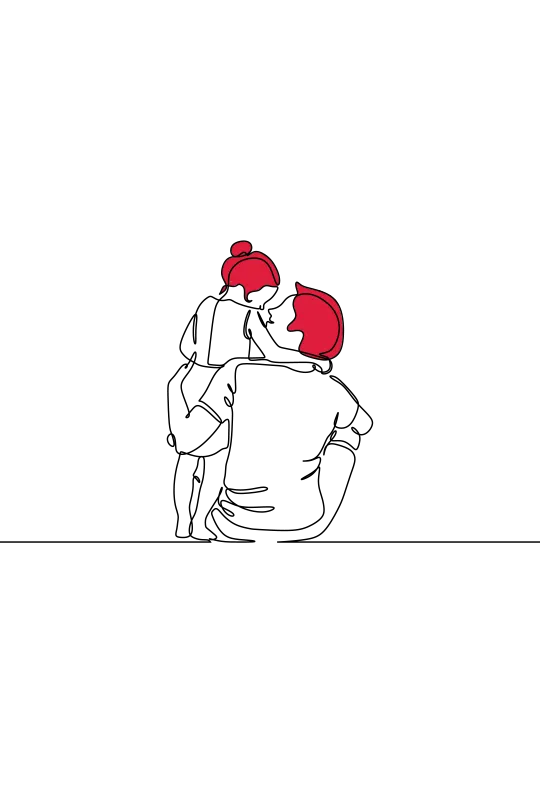 An illustration of a child standing up with its arm around the neck of an adult