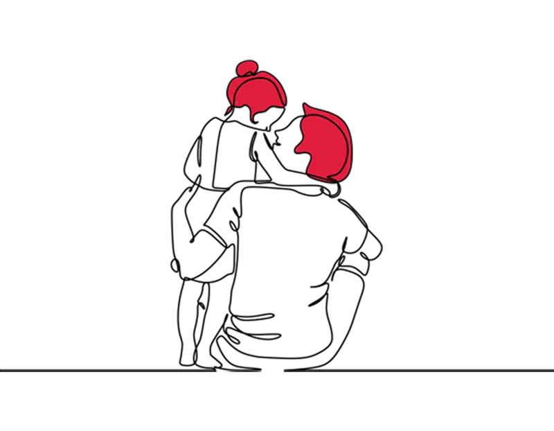 An illustration of a child standing up with its arm around the neck of an adult