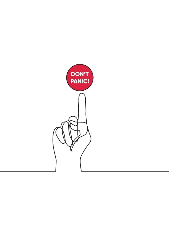 An illustration of a hand with its index finger pointing vertically to a button that reads 'Don't panic'