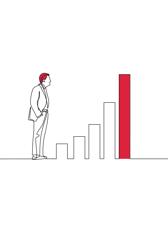 A man stands looking at five different bars which grow in size, the tallest one is coloured red