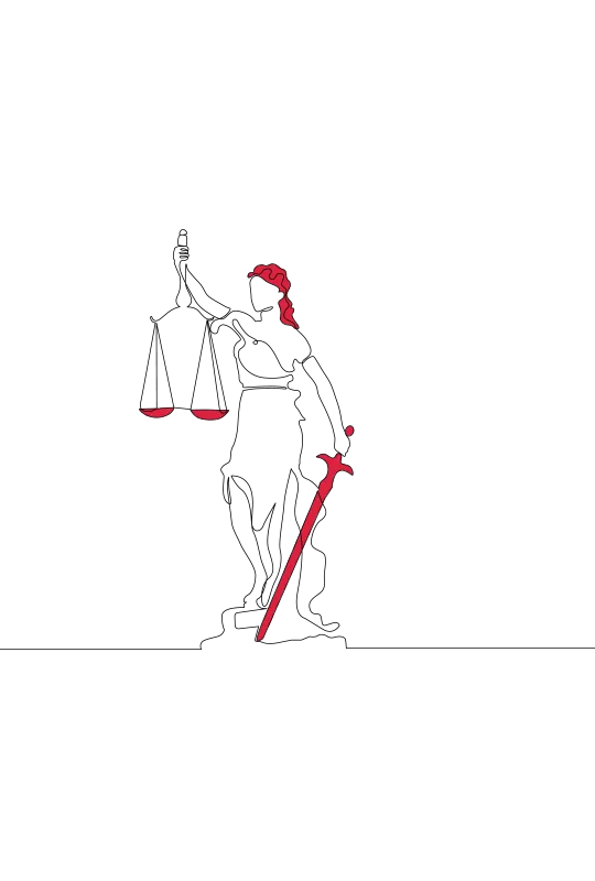 Illustration of the statue of justice outside the Old Bailey, but with the sword lowered