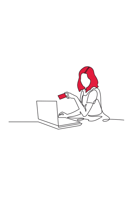 Illustration of a woman using a laptop and holding a bank card