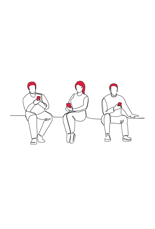 Illustration of three people sat in a row, all looking at their phones