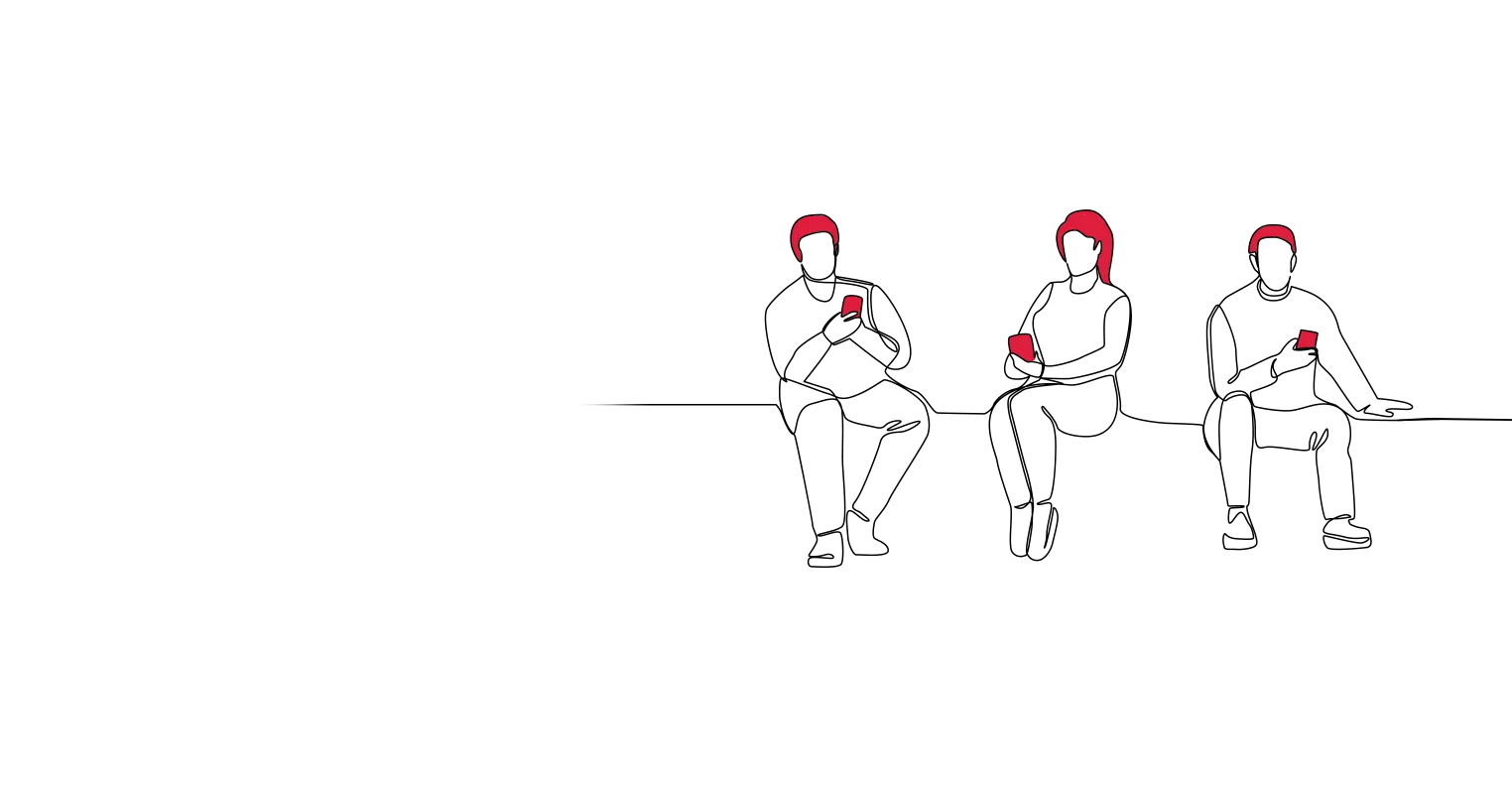 Illustration of three people sat in a row, all looking at their phones