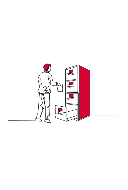 Illustration of a person filing something into the bottom of a four-drawer filing cabinet