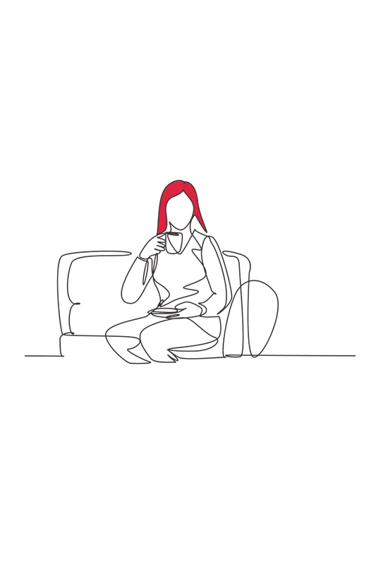 Illustration of a woman sat having a drink out of a cup and saucer