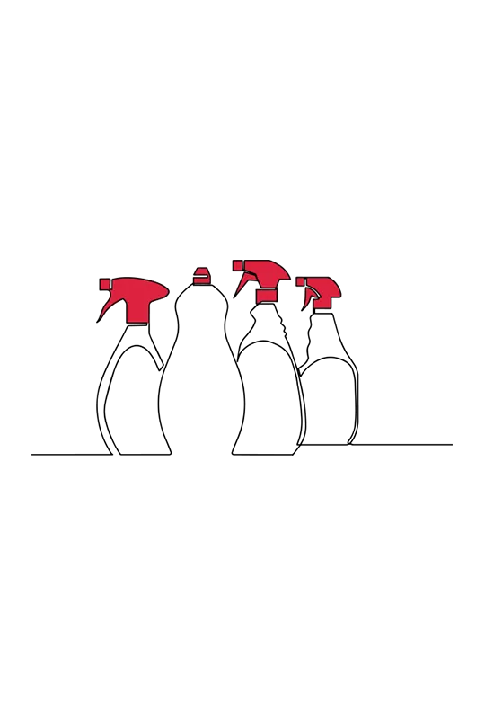 Illustration of a four different plastic packaged cleaning products