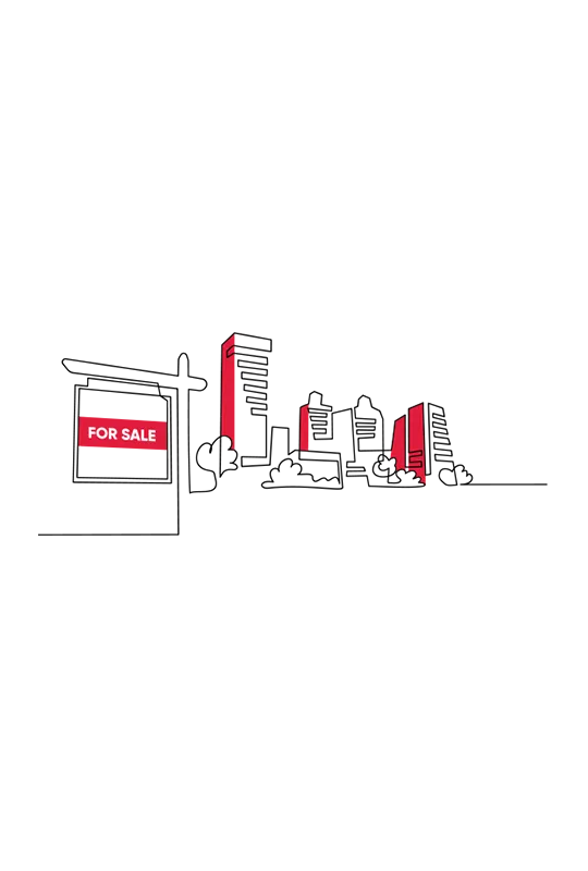 Illustration of a for sale sign and a variety of apartment blocks