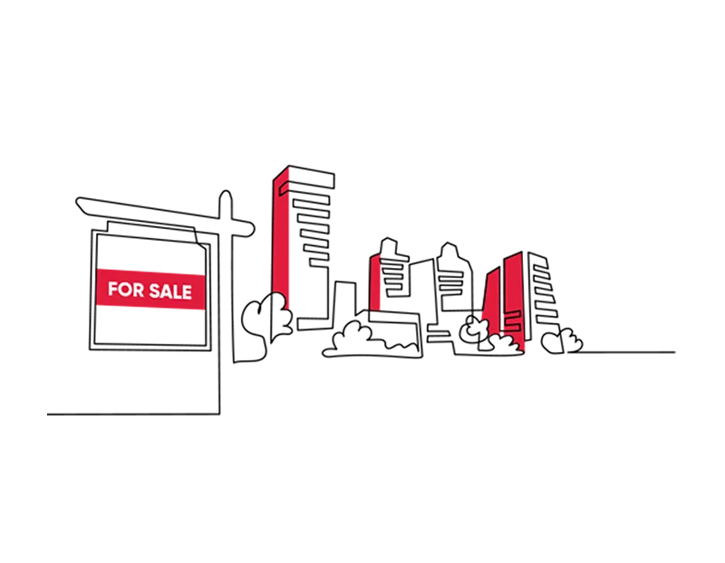Illustration of a for sale sign and a variety of apartment blocks