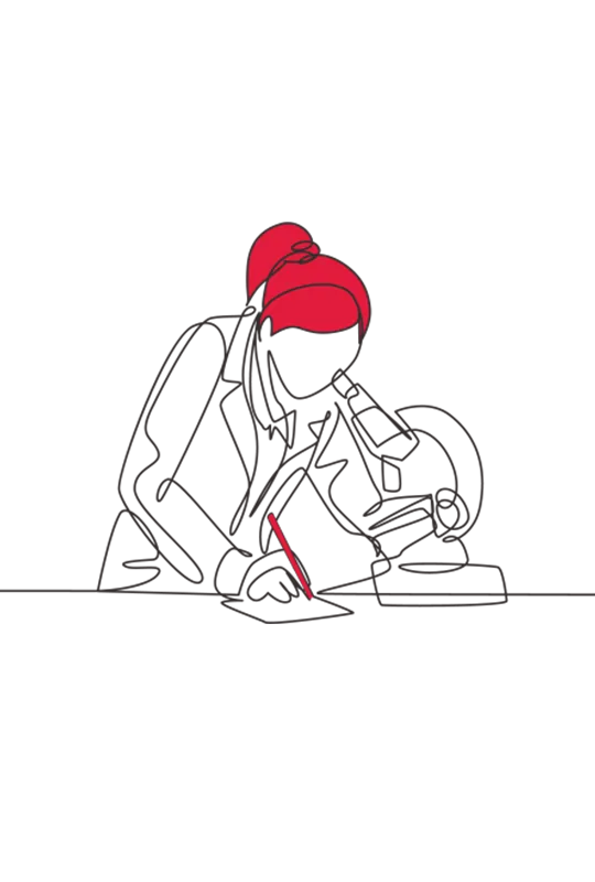 Illustration of a woman looking into a microscope while taking notes