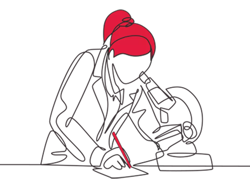Illustration of a woman looking into a microscope while taking notes