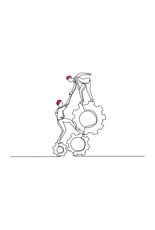 Illustration of a man reaching down to help another up a pile of three cogs