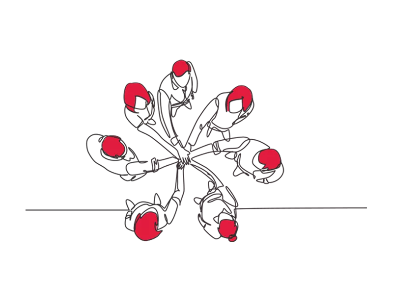 Illustration of an aerial view of seven people stood in a circle and reaching in to the centre to put their right hands together