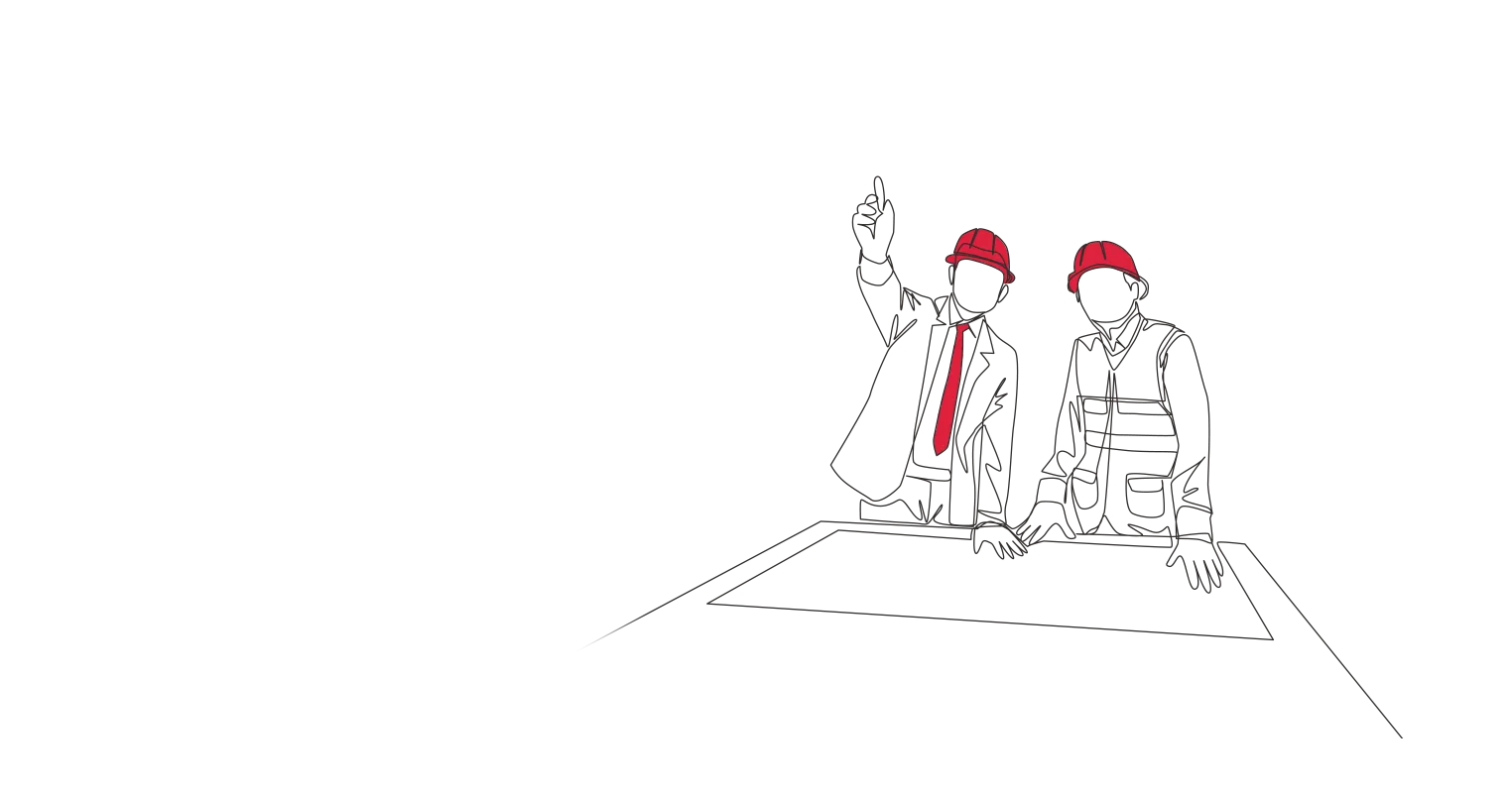 Illustration of two men in hard hats looking at something off camera, one man is pointing at it