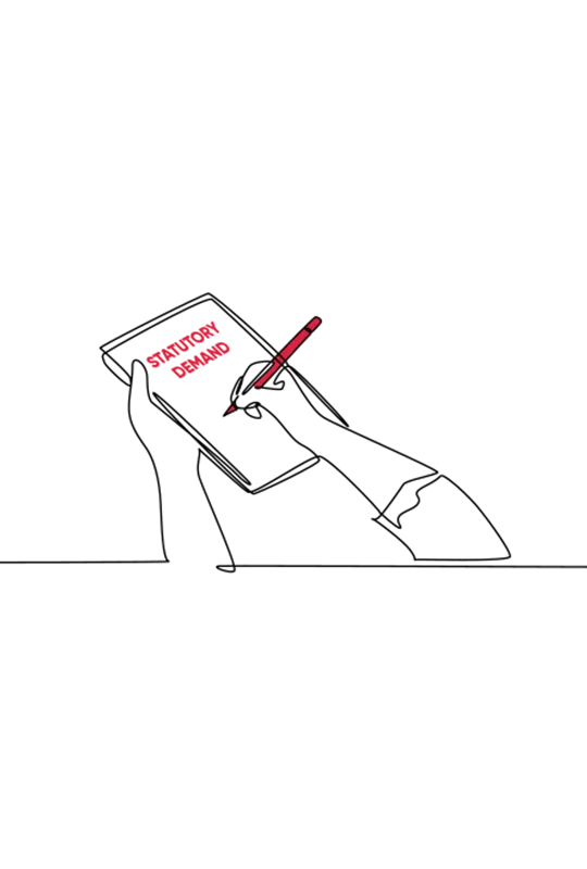 Illustration of someone holding a red pen to sign a document marked 'statutory demand'