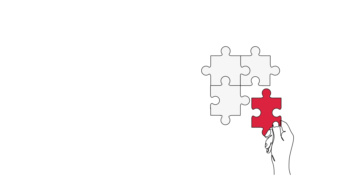 Illustration of a jigsaw with three white pieces and a single red piece being slotted into place
