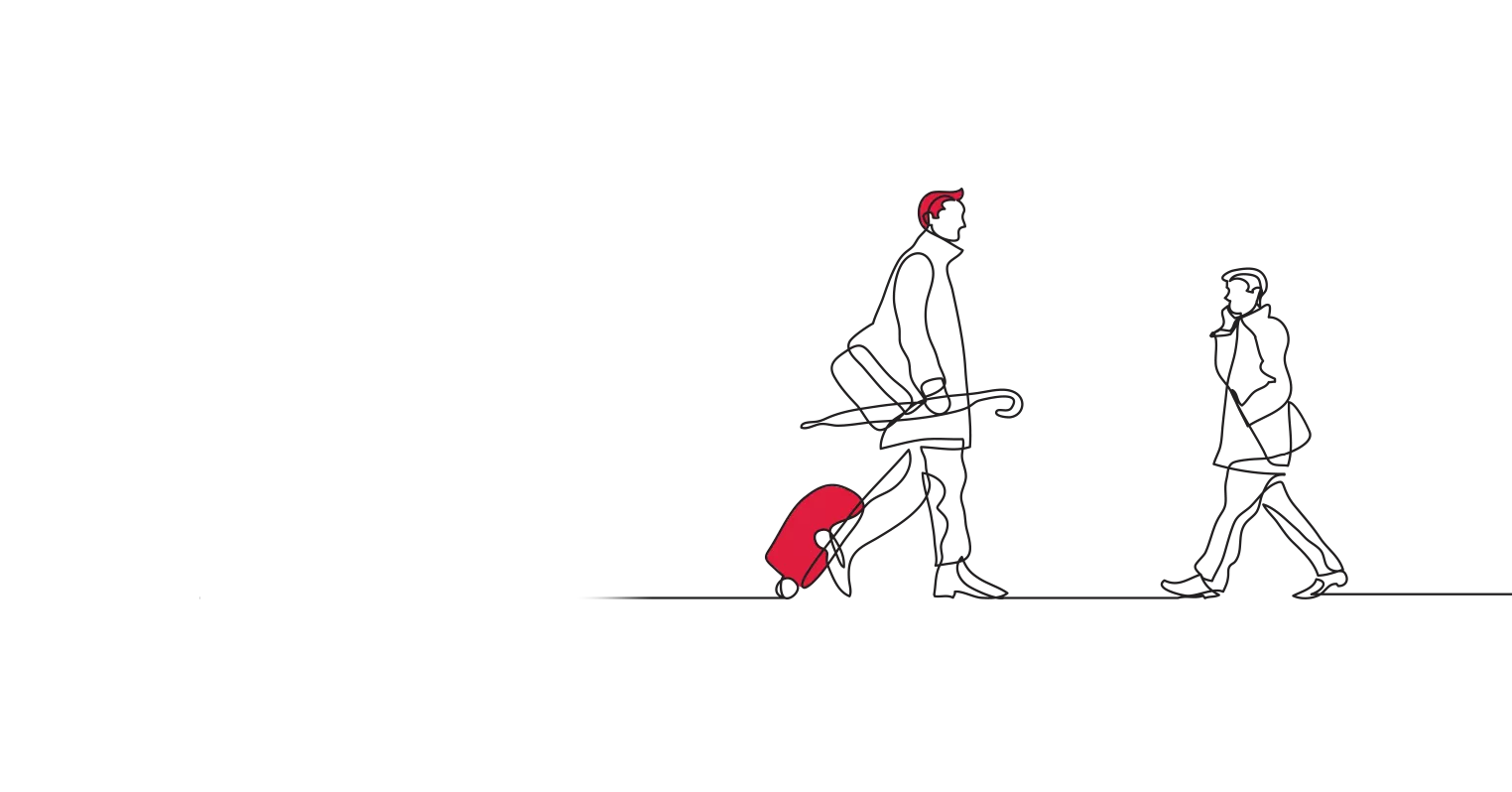 An illustration of two people walking in different directions, one with an umbrella and case