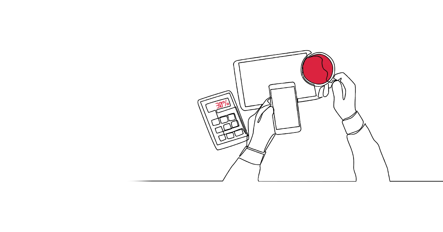Illustration of a calculator displaying 30% and a hand holding a device next to it