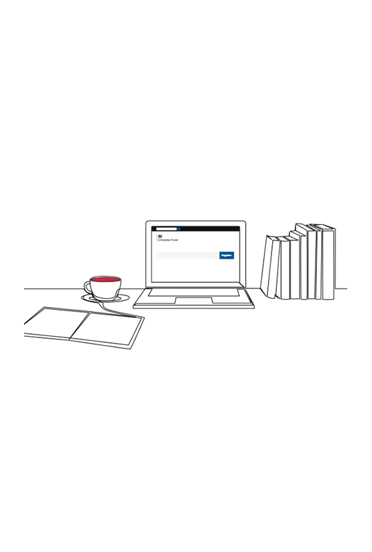 Illustration of a laptop, a hot drink in a mug, a notebook and books