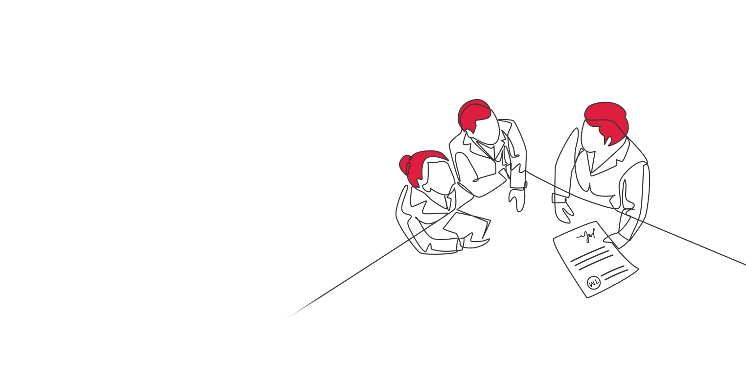 Illustration of three people having a meeting with one holding a document