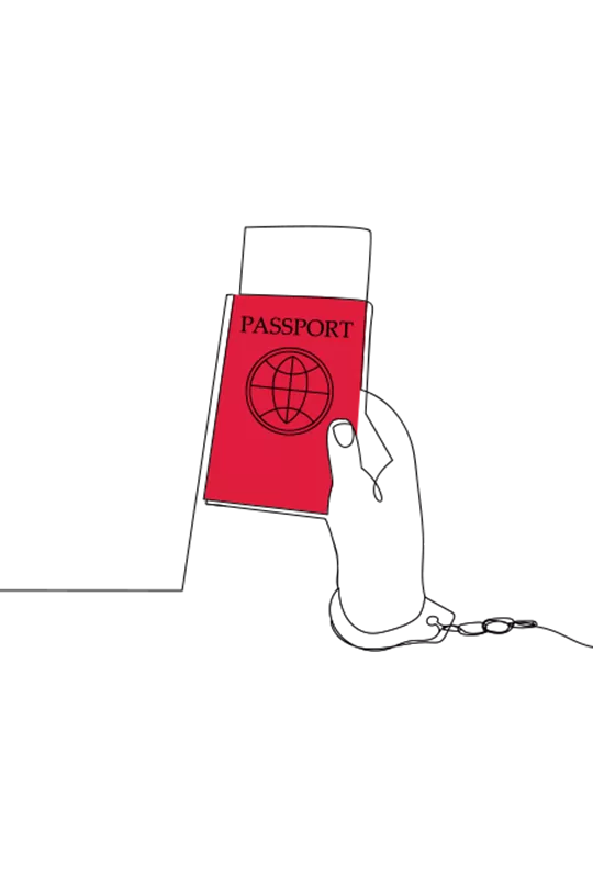 Illustration of a hand holding a red passport