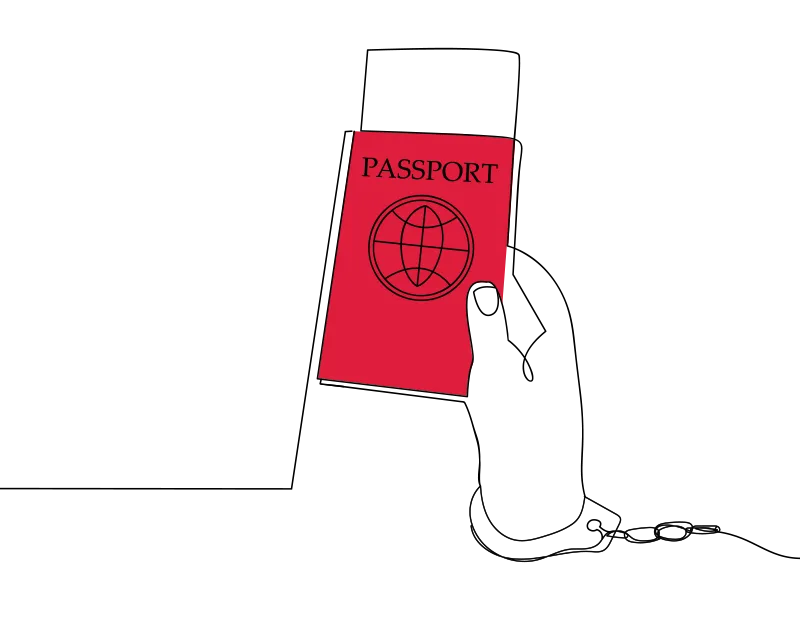 Illustration of a hand holding a red passport
