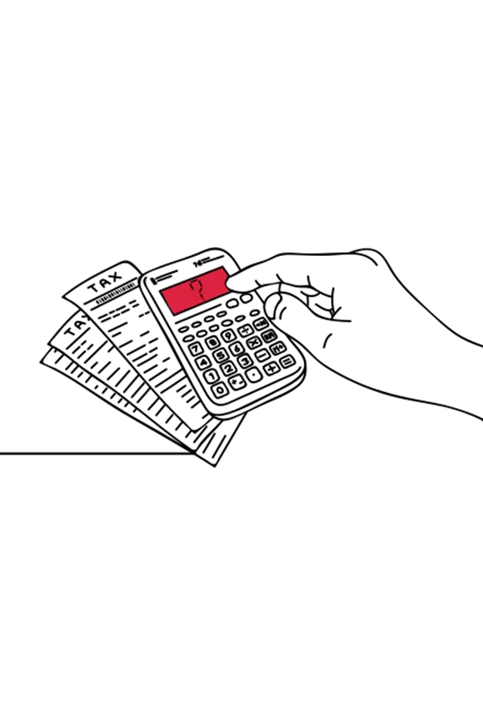 An illustration of a hand using a calculator that sits on top of three piece of paper marked 'tax'