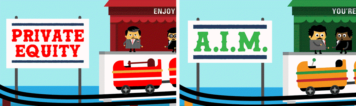 A gif showing a man riding a rollercoaster called 'Private Equity' and all his money fallinng out. On the right, a man rides a rollercoaster marked 'A.I.M.' and keeps all his money