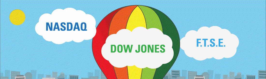 A gif of a balloon with two men throwing out bags marked 'audit' 'slavery, 'IR35' and 'gender' to make it ascend to clouds reading 'Nasdaq' 'FTSE' and 'Dow Jones'.