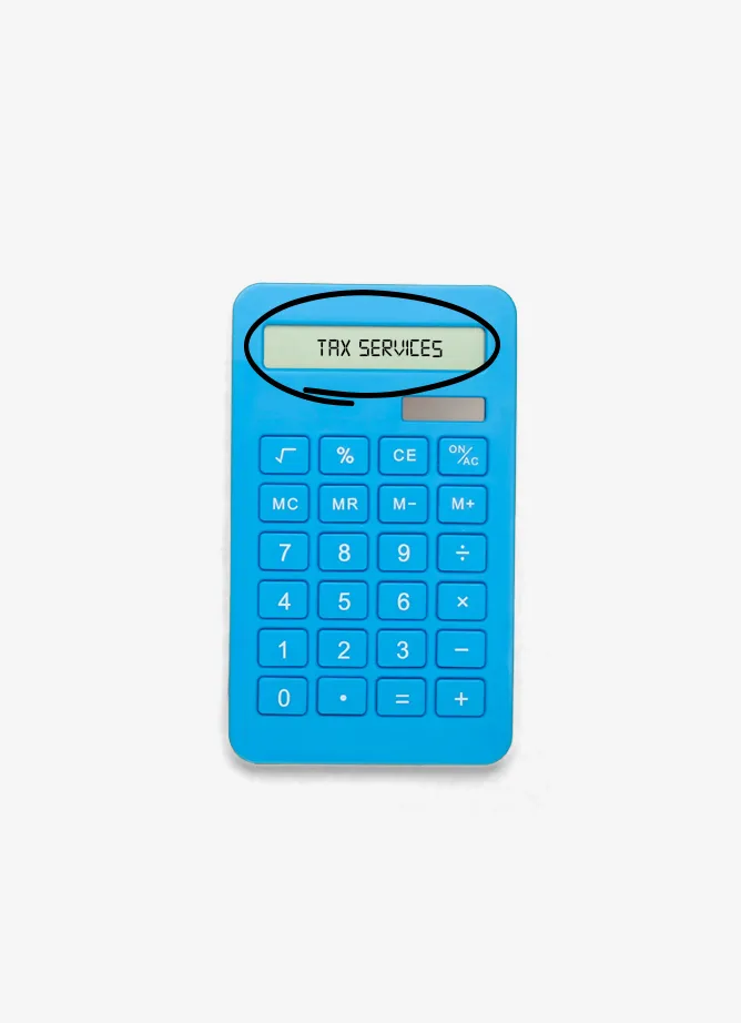 A blue calculator with 'tax services' on the screen