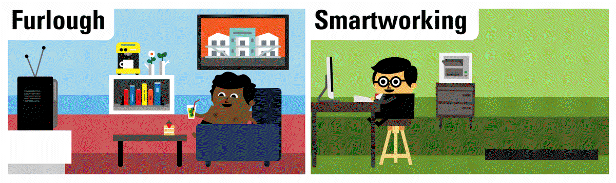 A gif showing someone at home watching TV and relaxing with a sign saying 'furlough' that then changes to 'redundancy' and all his stuff is stripped away'. On the right, a man works at a desk under a sign saying 'smartworking' next to an ever-growing pile of money