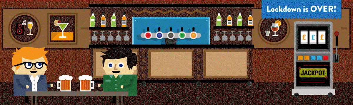 Gif of two men enjoying drinks in a bar with 'lockdown is over' on the wall. They're then transported to a 'U-Work' office and their drinks disappear