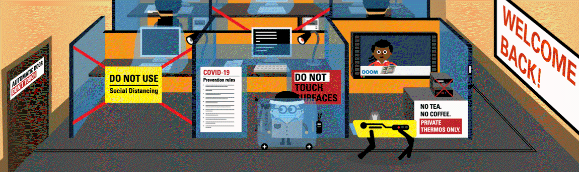 A gif of a man walking into an office full of social distancing and Covid-19 measures. He is scanned by a robot and then greets colleagues