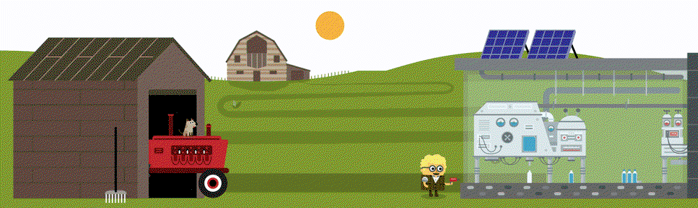 A gif of a farmer driving a tractor into a robot factory. The tractor emerges as a more hi-tech version