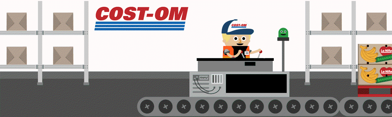 A gif of a factory called Cost-om where boxes of bananas arrive on a conveyor belt. They are free to pass. More boxes arrive and a PPT tax alert goes off.