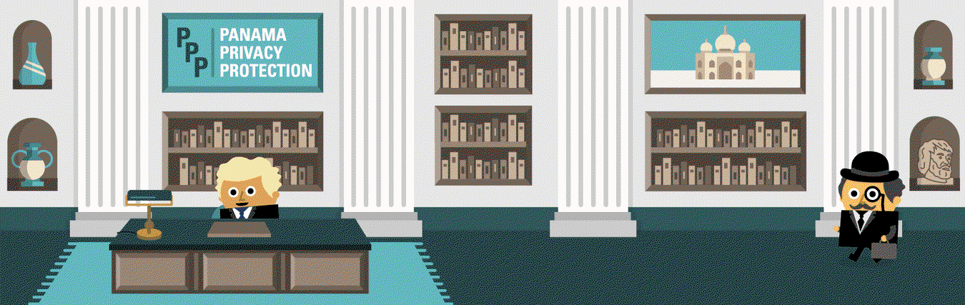 A gif of man in an office called Panama Privacy Protection. Characters arrive and open a safe full of trust deeds